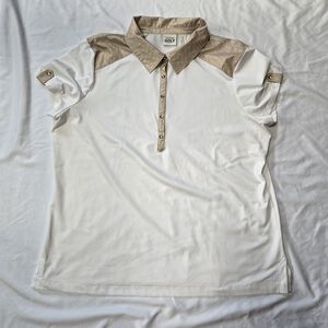 Zenergy Golf By Chico's White And Gold Polka Dot Rhinestone Short Sleeve Polo